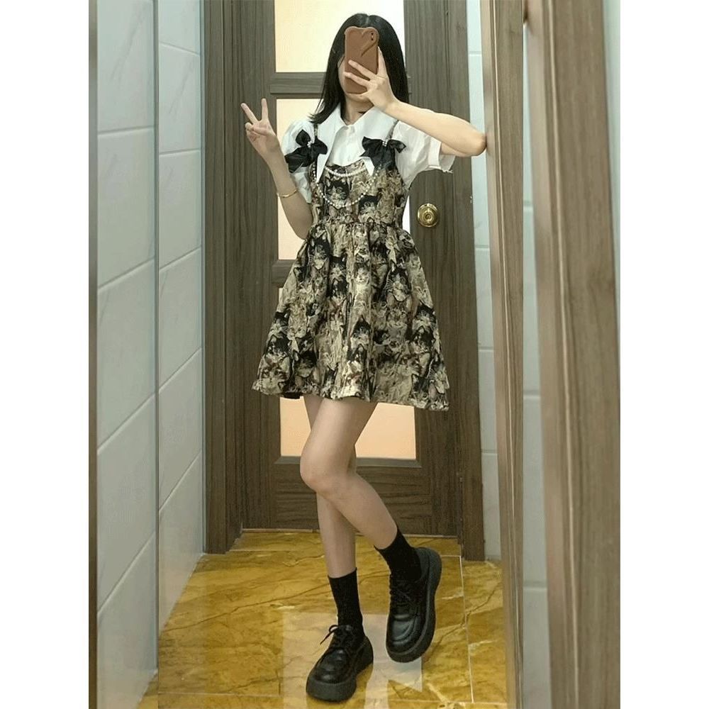 Two-piece suit/one-piece summer retro style puff sleeve shirt with top + bow strap dress