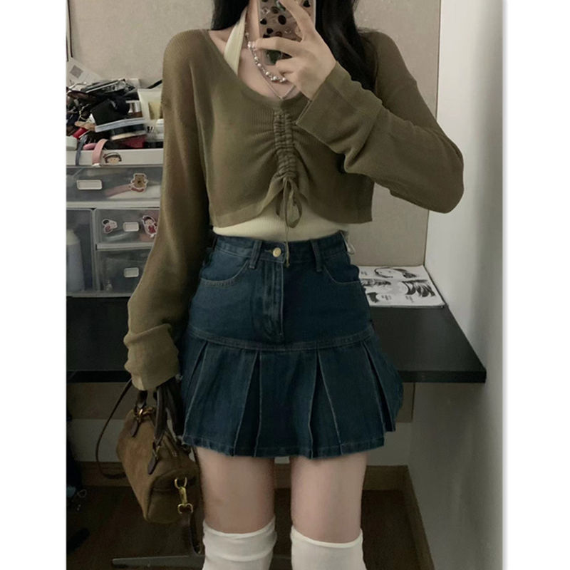 學院風套裝時尚辣妹系帶長袖針織罩衫+掛脖式背心三件套牛仔裙潮