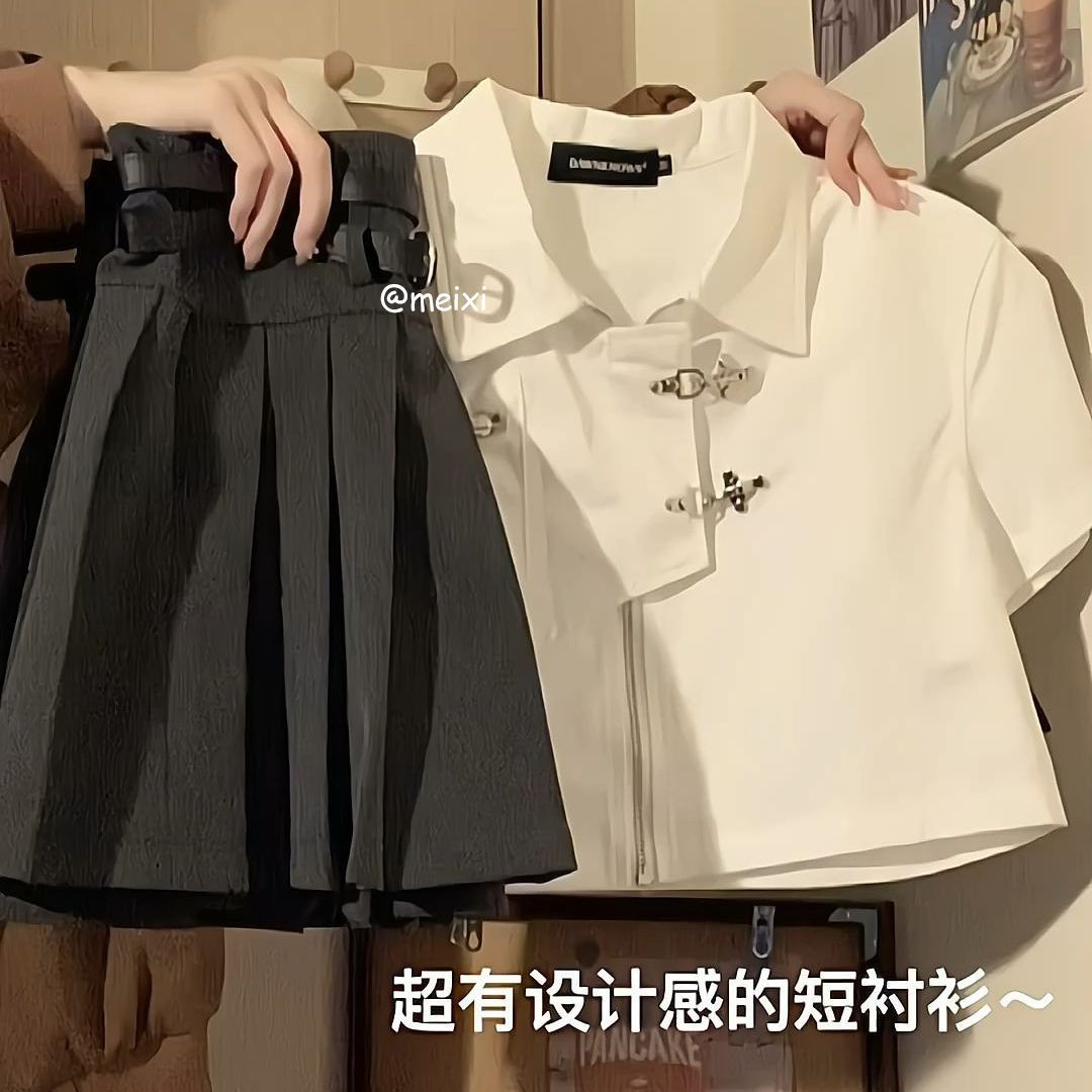 羽奕夏季溫柔系穿搭女新款韓版設計感短款襯衫顯瘦百褶裙兩件套潮