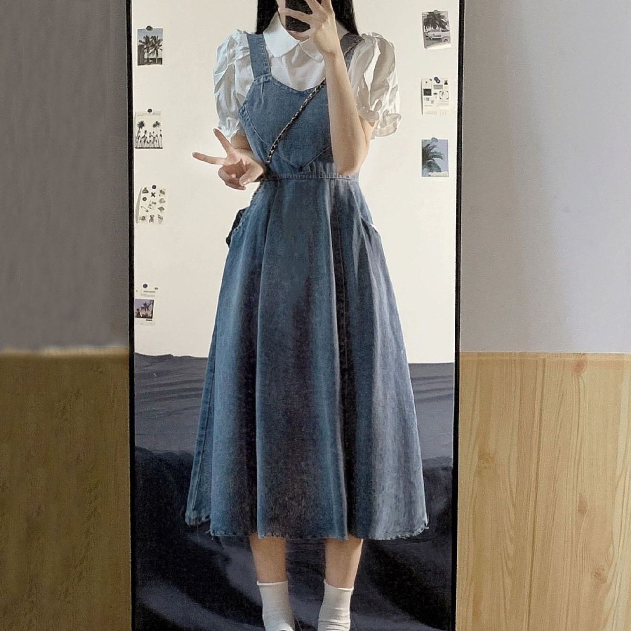 Two-piece college style sweet and versatile love denim suspender dress for female students + doll collar shirt