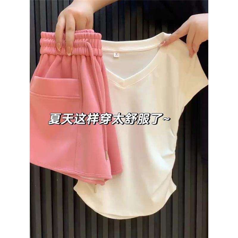 羽奕夏季网红炸街时尚洋气时髦运动高级感白色T恤粉色短裤两件套