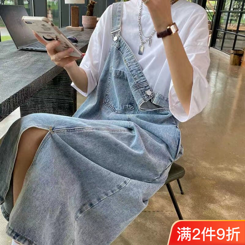 牛仔背帶裙連衣裙女寬鬆小個子裙子設計感小眾吊帶裙夏季開叉長裙