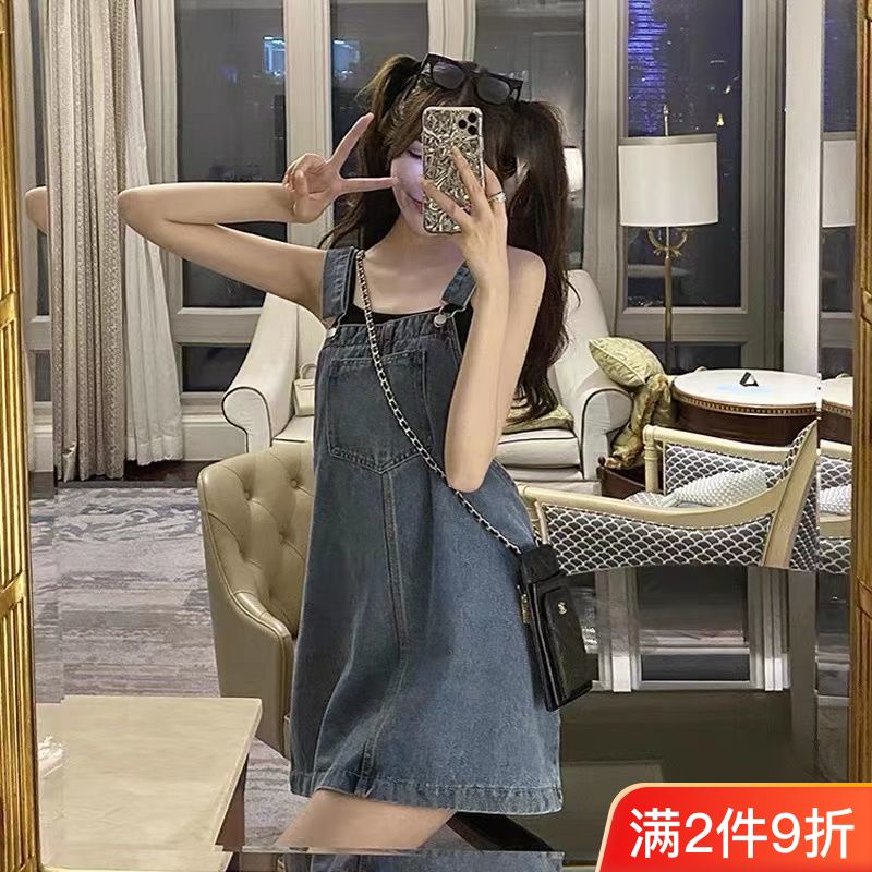 夏季韓版ins復古高腰寬鬆牛仔背帶裙女百搭小個子顯瘦連衣短裙潮