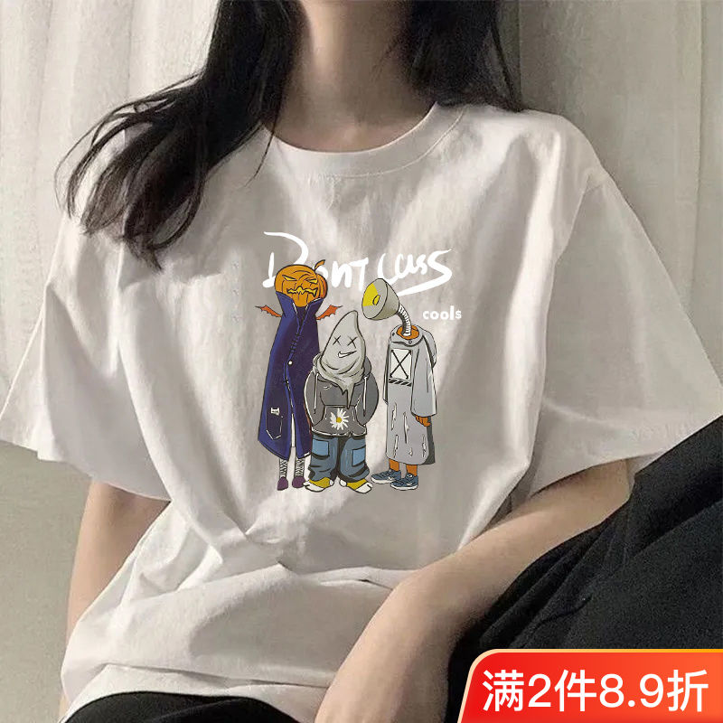 100%純棉短袖t恤女夏季新款寬鬆百搭顯瘦印花半袖休閒ins風上衣服