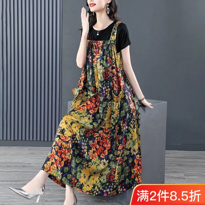 Summer suit fashion foreign style suspenders dress gentle wind long skirt French ladies short-sleeved summer set