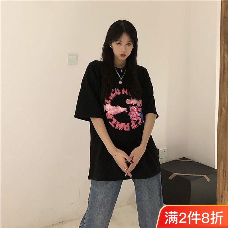 純棉短袖t恤女學生夏裝新款白色體恤女寬鬆上衣卡通印花t桖ins潮