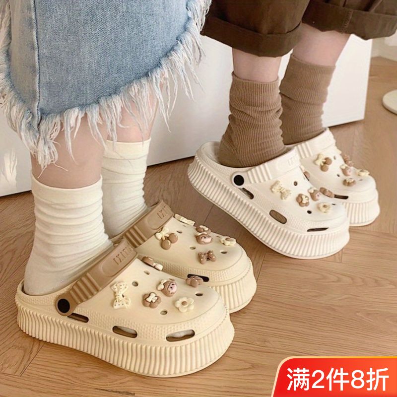 百搭增高厚底可愛洞洞鞋女夏季踩屎感海邊沙灘外穿防滑包頭涼拖鞋