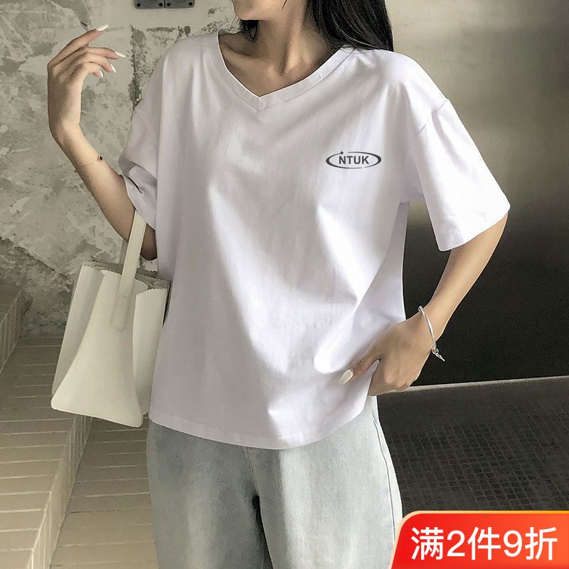 純棉v領短袖t恤女夏季新款寬鬆百搭顯瘦印花半袖ins風雞心領上衣