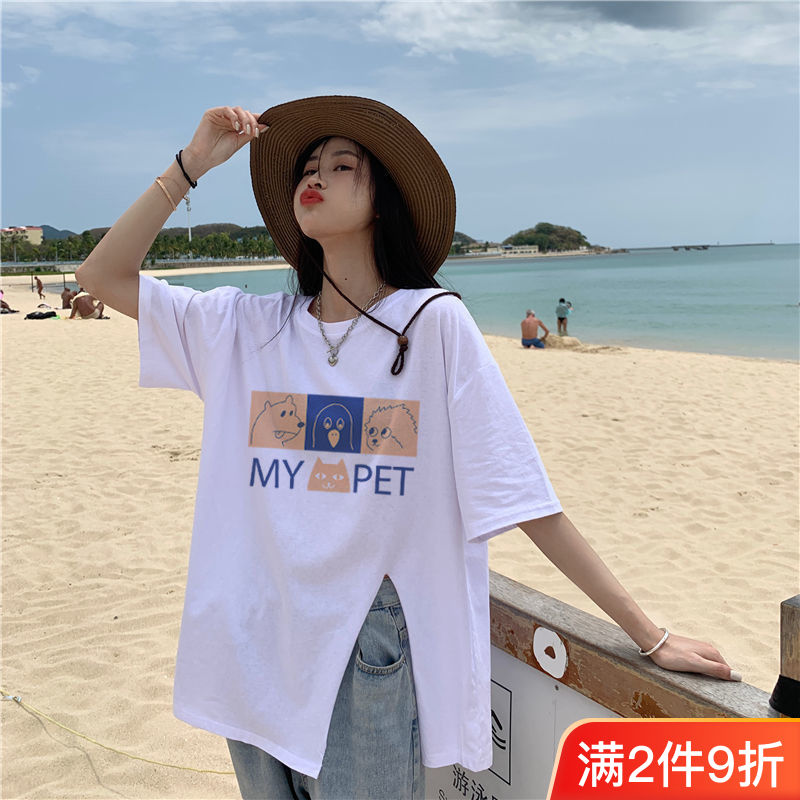 純棉側開叉短袖白色t恤女夏季新款寬鬆百搭顯瘦中長款小眾ins上衣
