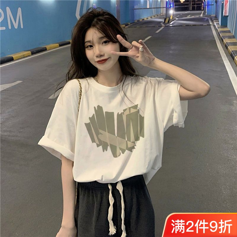 100%純棉短袖t恤女夏季新款寬鬆百搭顯瘦印花半袖休閒ins風上衣服