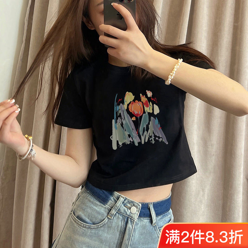黑色正肩純棉女士短袖t恤女2023夏季新款印花修身高腰短款上衣潮