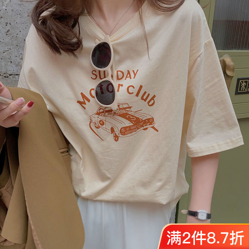 100%純棉復古汽車印花短袖T恤女夏季新款寬鬆百搭ins風學生體恤潮