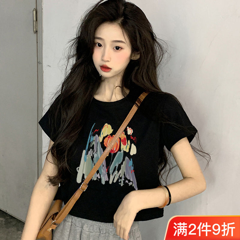 黑色短款上衣女夏季今年流行高腰顯瘦ins美式復古正肩短袖t恤純棉