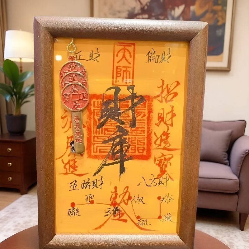 正品【山羊手作】原矿朱砂手画《财库》纯手绘木框唐卡招财相框 2