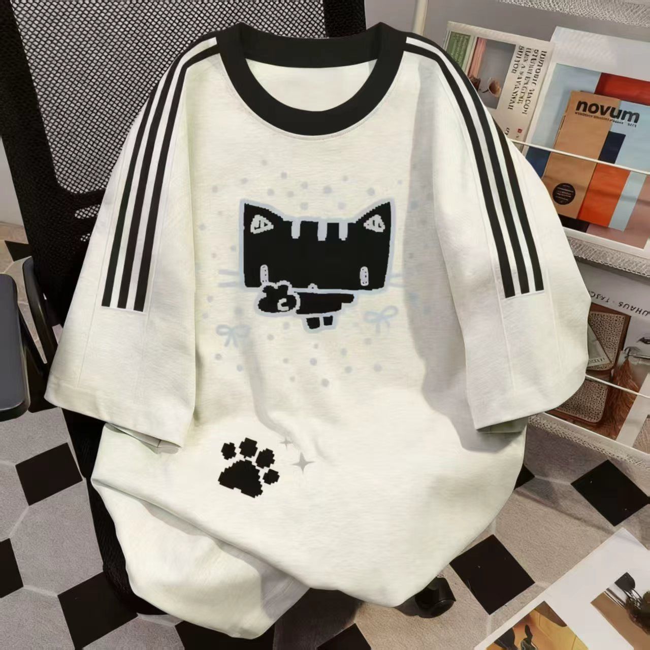 Pure Cotton Summer Gray Three-Stripe Salt-Style Ins-Style Short-Sleeve Versatile Top T-Shirt For Petite Girls_voghion.com