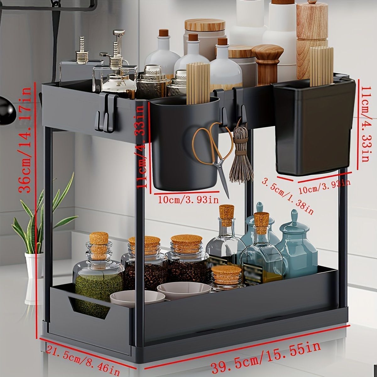 Kitchen Sink Storage Double-layer Shelf, Home Pull-out Bathroom Countertop Multifunctional Spice Rack With Chopstick_voghion.com