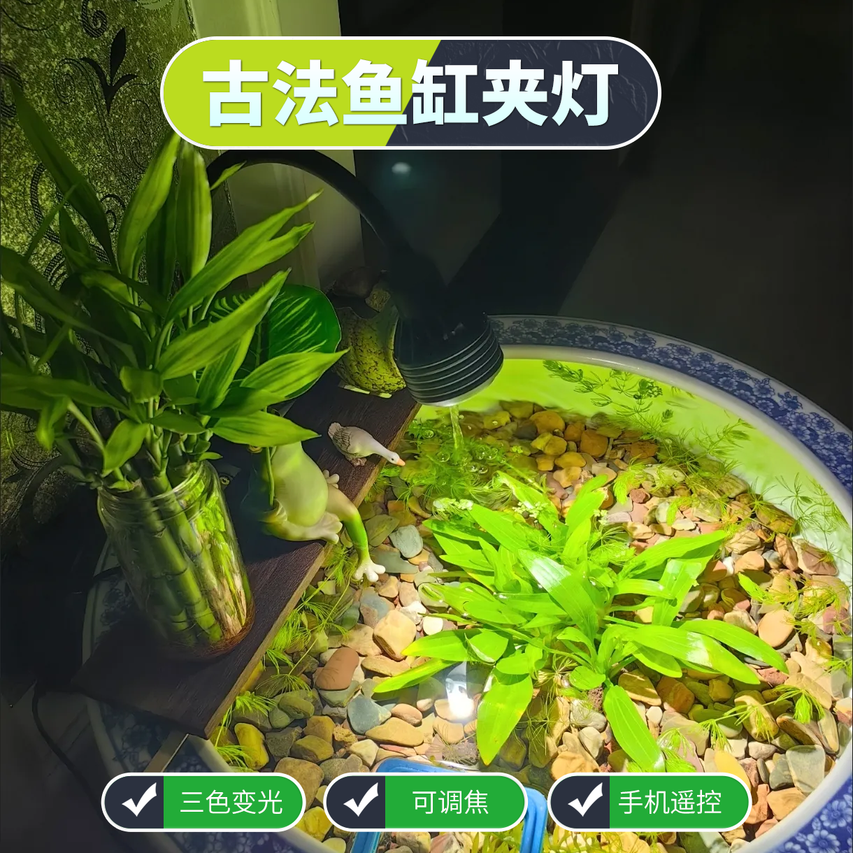 古法养鱼陶瓷盆水缸专用鱼缸夹灯水草补光灯原生溪流变焦南美射灯