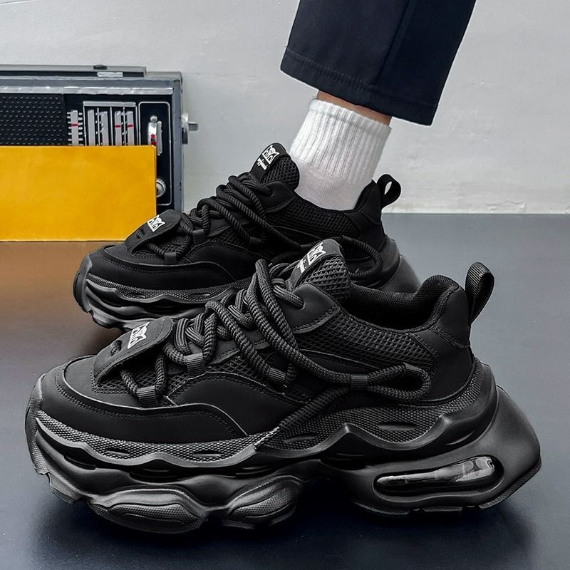 Men' 2025 New Autumn Caual Air Cuhion Shock Aborption Dad Sport Running Thick Sole Black Warrior Trendy_desvips.com