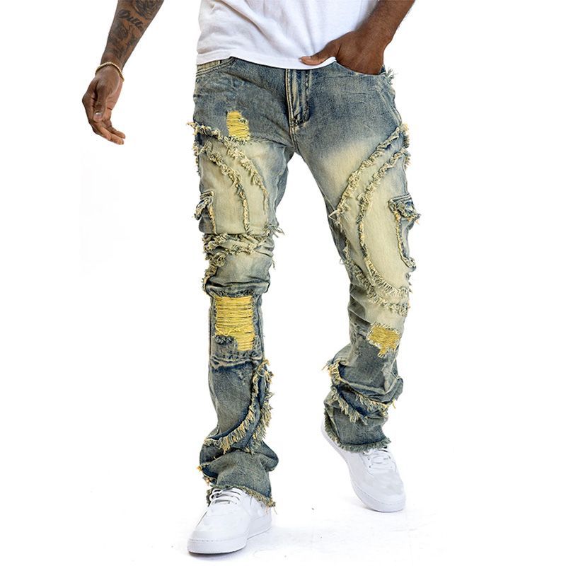 Jean slim rétro à poches patchwork et franges, effet usé, style américain délavé, tendance streetwear._voghion.com