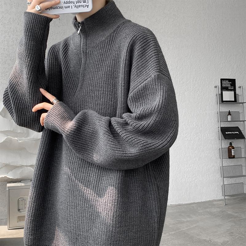 Sweater Men's Turtleneck Versatile Trendy Brand Couple Autumn And Winter Loose Lazy Knitted Sweater Zipper Thread Jacket Casual_voghion.com
