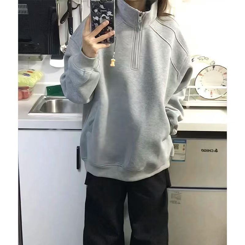 100 % Baumwolle, amerikanisches High-Street-Sweatshirt mit Stehkragen und halbem Reißverschluss, lässiger, lockerer Pullover für Herbst und Winter, ideal für Paare._voghion.com