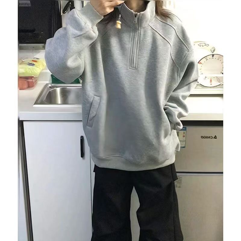 100 % Baumwolle, amerikanisches High-Street-Sweatshirt mit Stehkragen und halbem Reißverschluss, lässiger, lockerer Pullover für Herbst und Winter, ideal für Paare._voghion.com