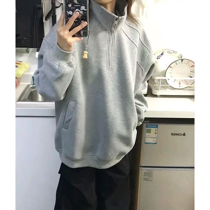 100 % Baumwolle, amerikanisches High-Street-Sweatshirt mit Stehkragen und halbem Reißverschluss, lässiger, lockerer Pullover für Herbst und Winter, ideal für Paare._voghion.com