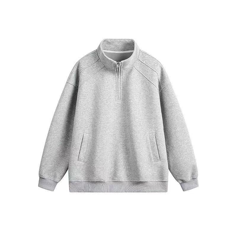 100 % Baumwolle, amerikanisches High-Street-Sweatshirt mit Stehkragen und halbem Reißverschluss, lässiger, lockerer Pullover für Herbst und Winter, ideal für Paare._voghion.com