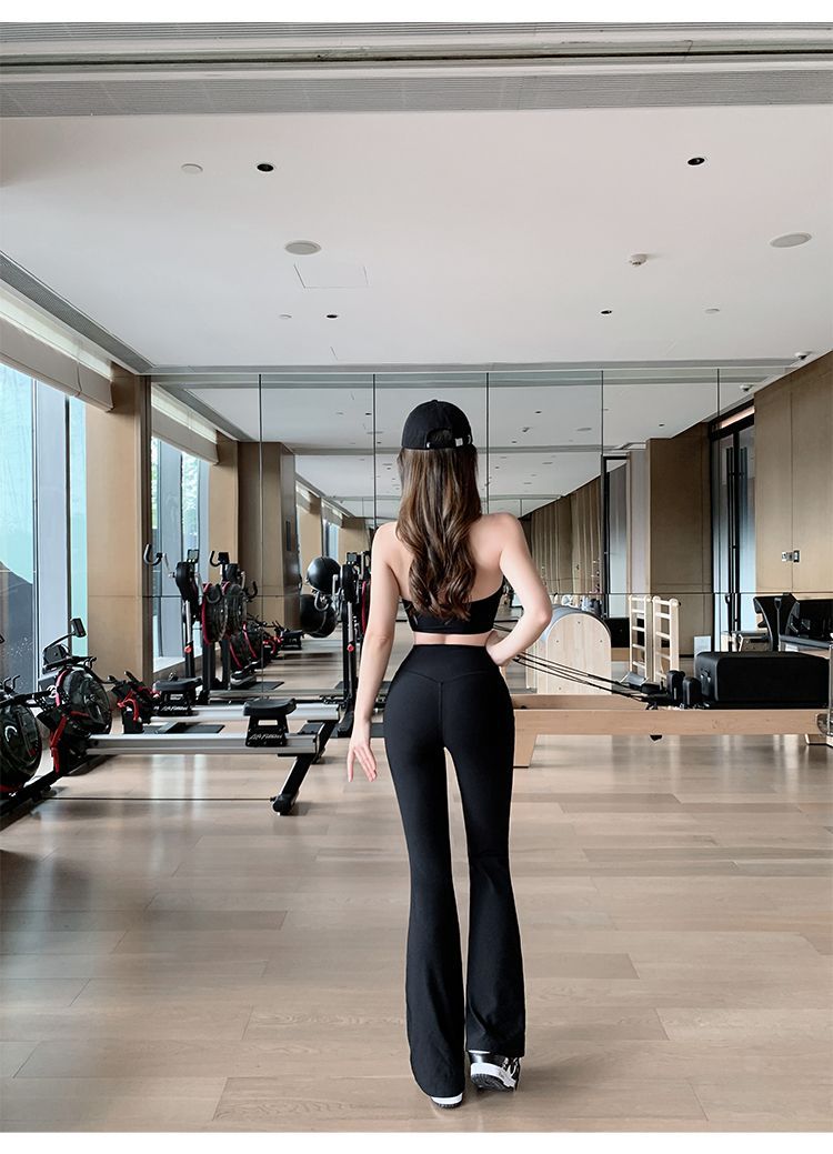 MUZI New Ribbed Pink Halter Neck Sports Vest For Women With Micro Flare Yoga Pants Two-Piece Set_ecoleips.com