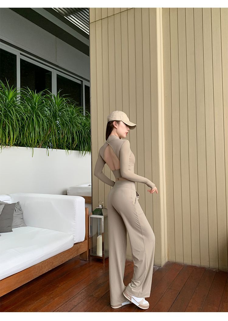 MUZI Slim-Fit Long-Sleeve Yoga Top For Women With Loose High-Waisted Wide-Leg Sports Pants Two-Piece Set_ecoleips.com
