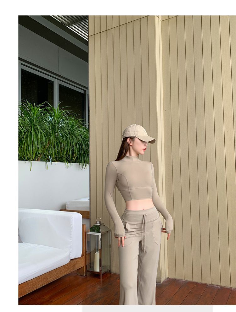 MUZI Slim-Fit Long-Sleeve Yoga Top For Women With Loose High-Waisted Wide-Leg Sports Pants Two-Piece Set_ecoleips.com