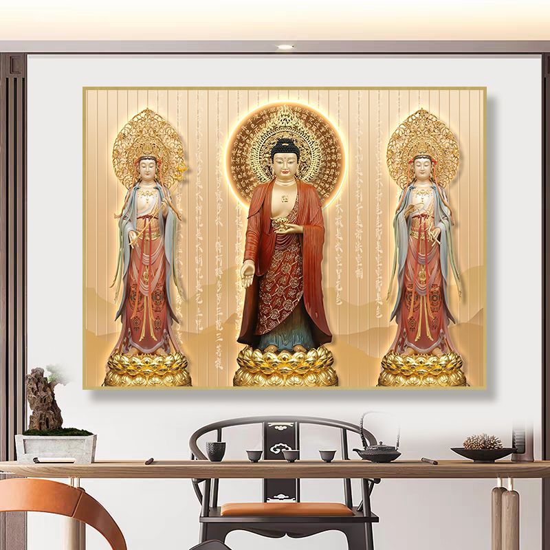 阿弥陀佛西方三圣画像挂画横版家用供奉装饰画佛堂背景墙高清壁画 detail 3