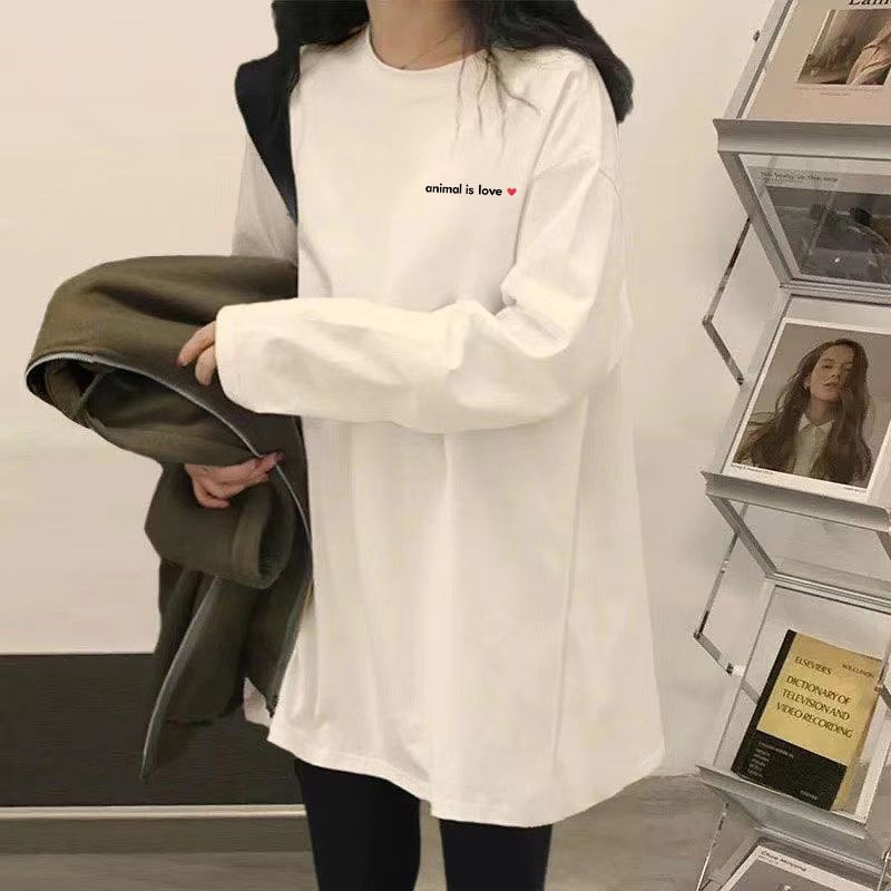 100%纯色长袖上衣女印花小众宽松复古通勤外穿休闲韩版白色打底衫