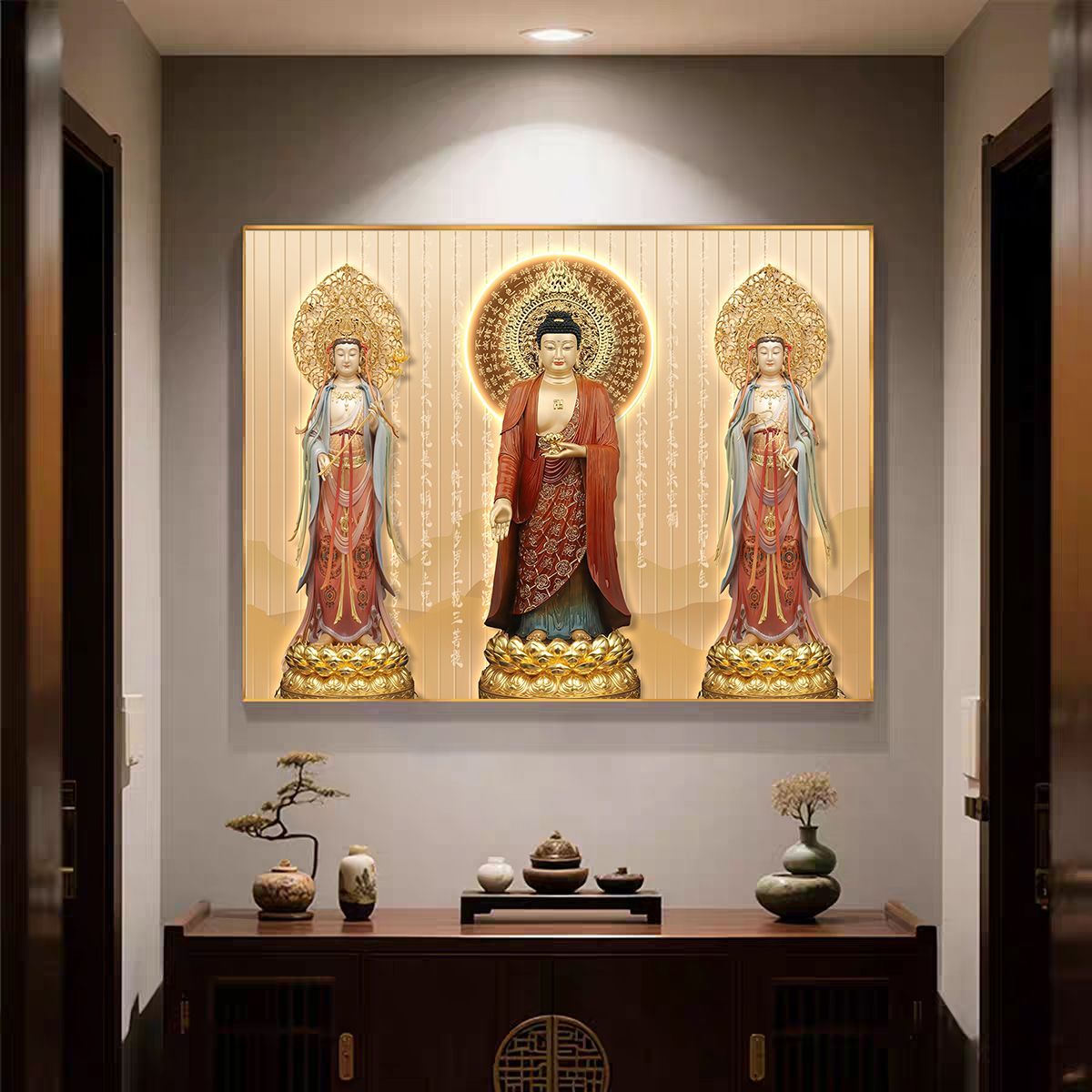 阿弥陀佛西方三圣画像挂画横版家用供奉装饰画佛堂背景墙高清壁画 detail 1