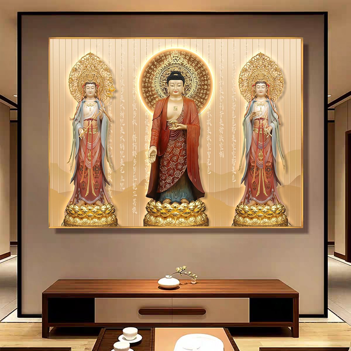 阿弥陀佛西方三圣画像挂画横版家用供奉装饰画佛堂背景墙高清壁画 5
