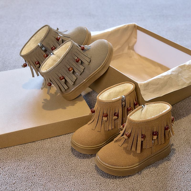 女童靴子2025冬季防滑公主流苏真皮短靴女孩加绒鞋子防水马丁靴