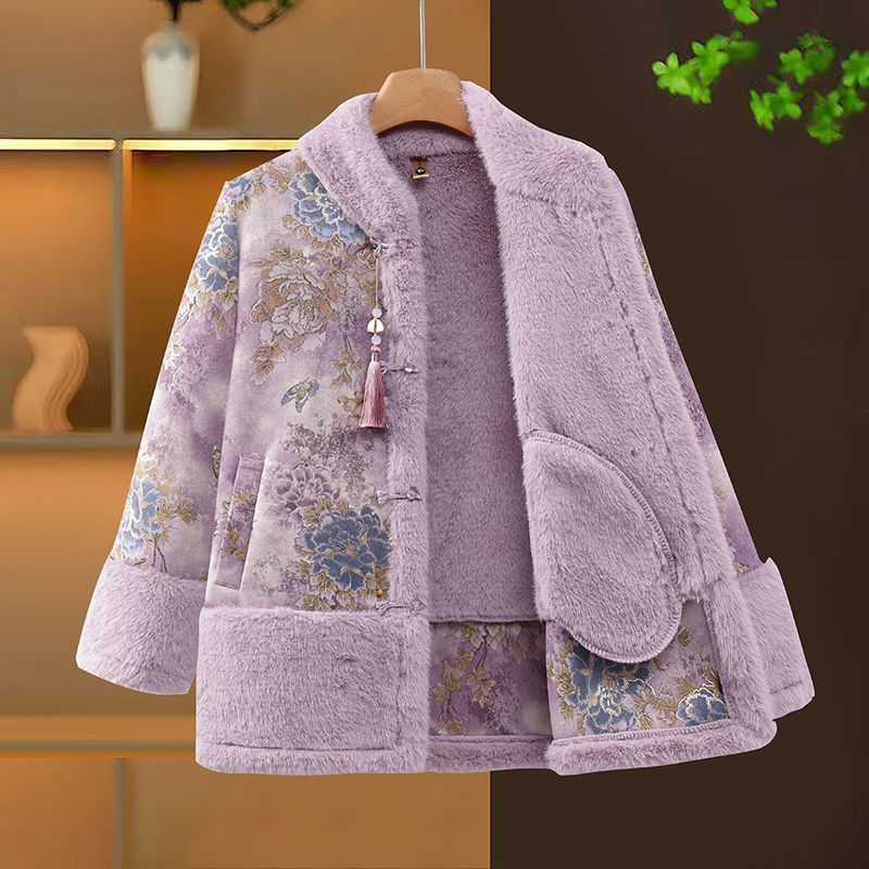 新款中式妈妈冬装仿水貂外套中老年加厚国风皮毛一体复古风上衣