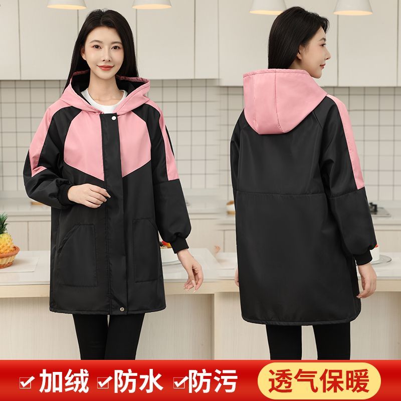 罩衣加绒长袖工作服劳保加厚罩衣女外穿带帽子厨房围裙防水防污冬