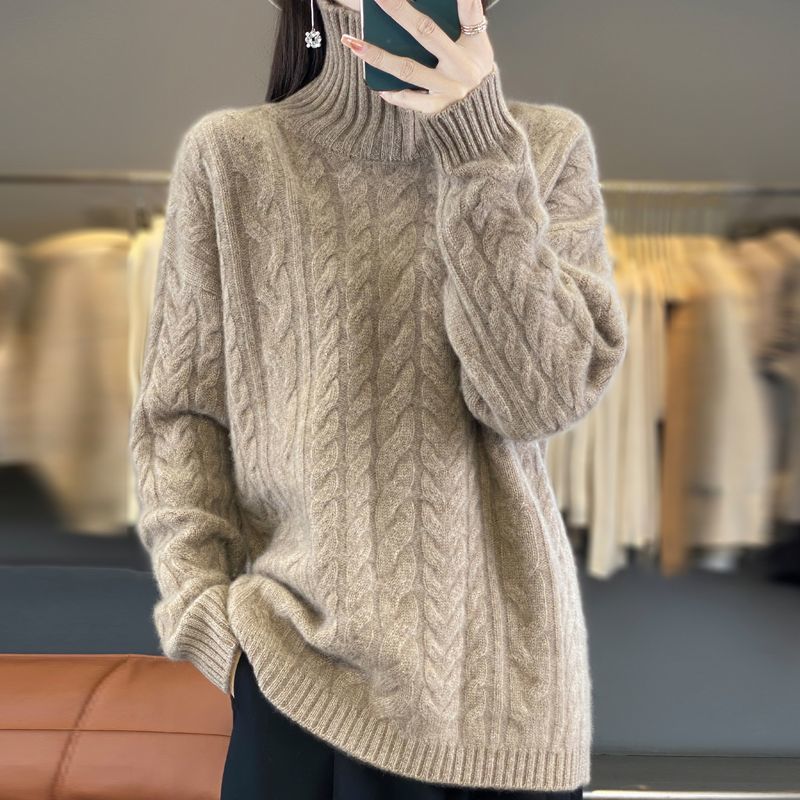 正品100%纯羊毛衫重工绞花高领丝光羊绒毛衣加厚宽松打底针织衫