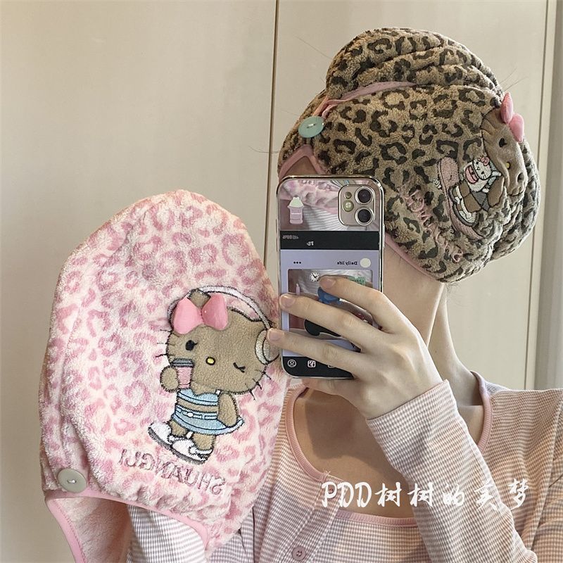 超厚Kitty豹纹猫咪干发帽吸水珊瑚头巾加厚速干浴帽干发巾 图片 4