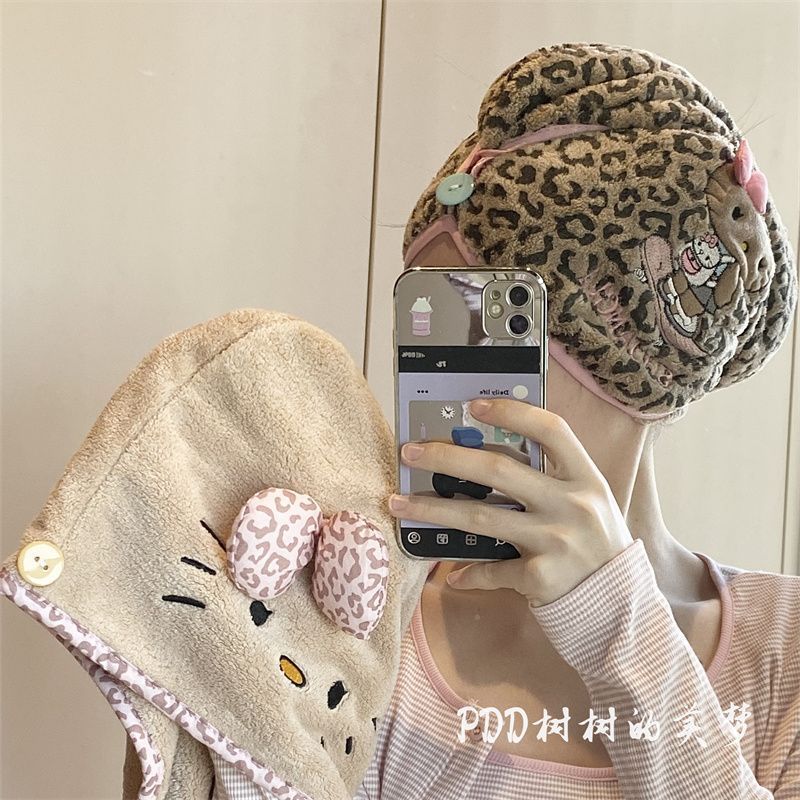 超厚Kitty豹纹猫咪干发帽吸水珊瑚头巾加厚速干浴帽干发巾 图片 2