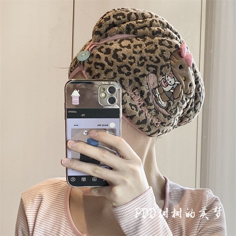 超厚Kitty豹纹猫咪干发帽吸水珊瑚头巾加厚速干浴帽干发巾 图片 3