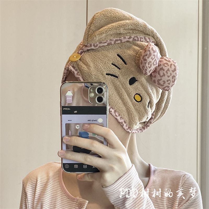 超厚Kitty豹纹猫咪干发帽吸水珊瑚头巾加厚速干浴帽干发巾 图片 5