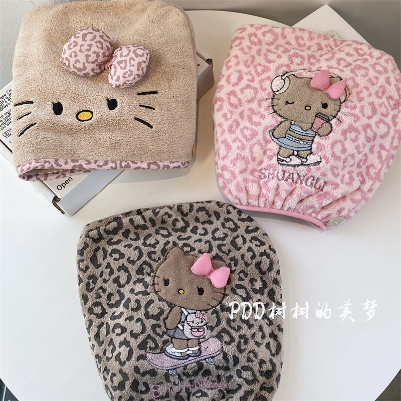 超厚Kitty豹纹猫咪干发帽吸水珊瑚头巾加厚速干浴帽干发巾 图片 9