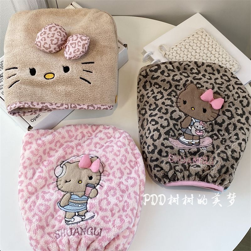 超厚Kitty豹纹猫咪干发帽吸水珊瑚头巾加厚速干浴帽干发巾 图片 10