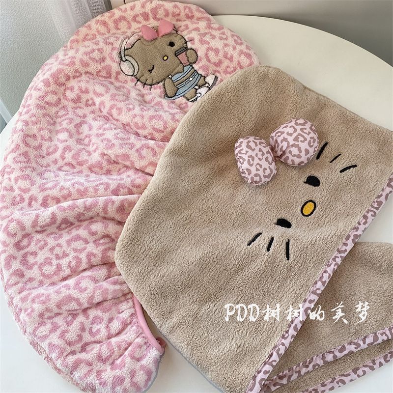 超厚Kitty豹纹猫咪干发帽吸水珊瑚头巾加厚速干浴帽干发巾 图片 8