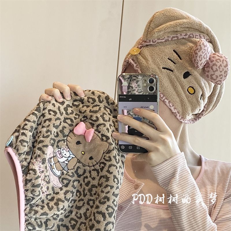 超厚Kitty豹纹猫咪干发帽吸水珊瑚头巾加厚速干浴帽干发巾 图片 7