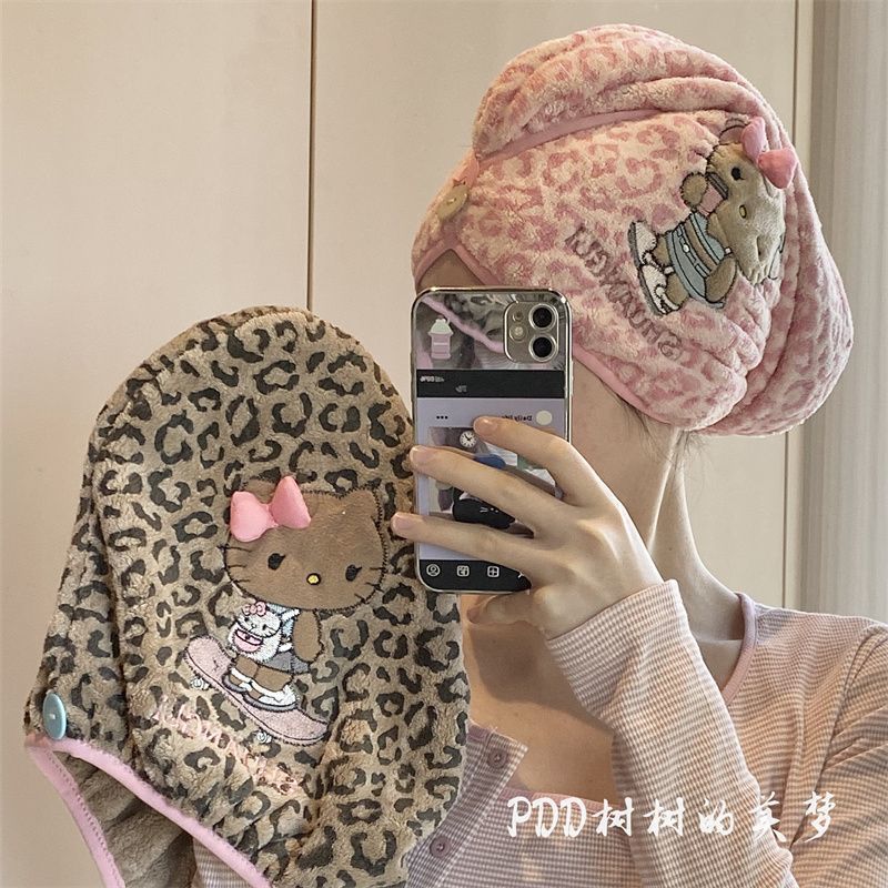 超厚Kitty豹纹猫咪干发帽吸水珊瑚头巾加厚速干浴帽干发巾 图片 1