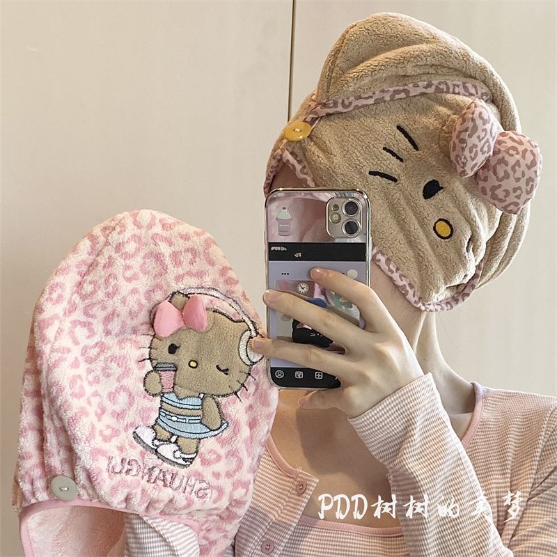 超厚Kitty豹纹猫咪干发帽吸水珊瑚头巾加厚速干浴帽干发巾 图片 6