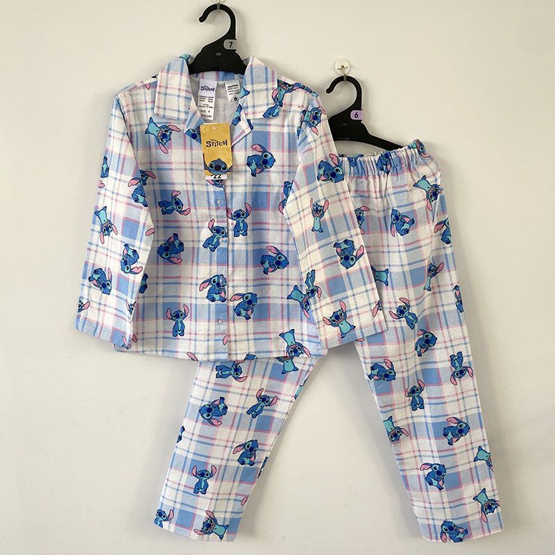 外贸原单秋冬女童史迪奇小鹿斑比纯棉磨毛绒布睡衣套装